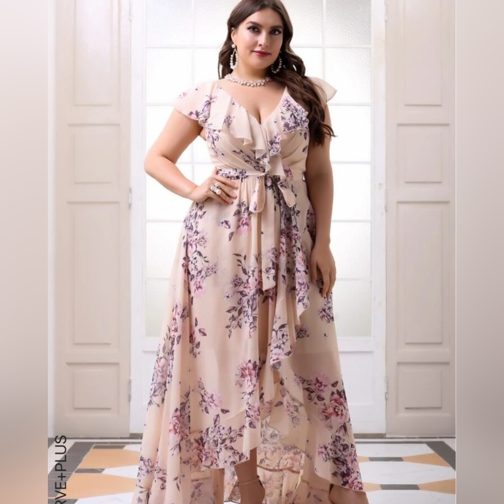 SHEIN Floral Print Ruffle Trim Belted Dress-APRICOT COLOR